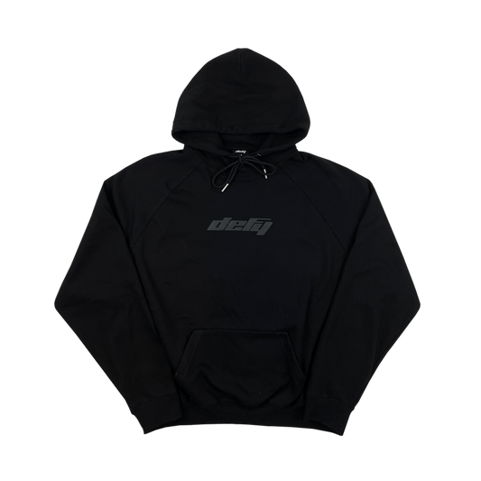 Black::Black hoodie with defy logo on front