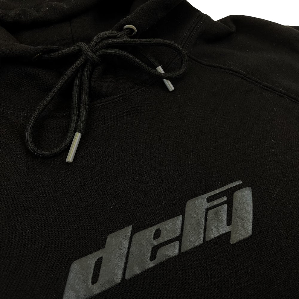 Black::Black hoodie with defy logo on front