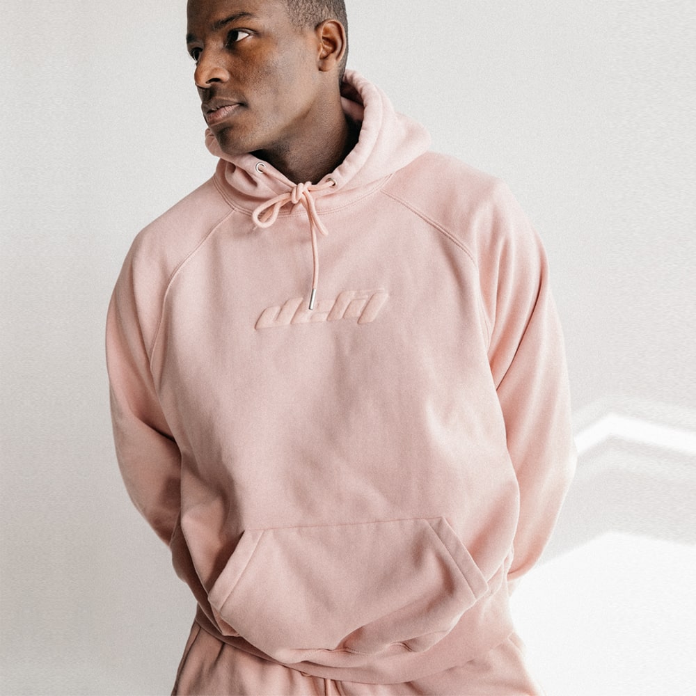 Pink::Pink hoodie with defy logo on front