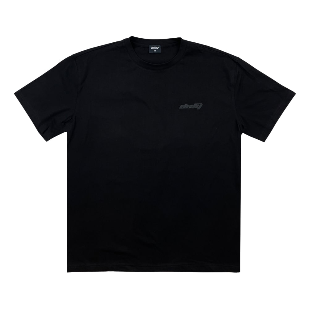 Black::black tee with defy logo on chest
