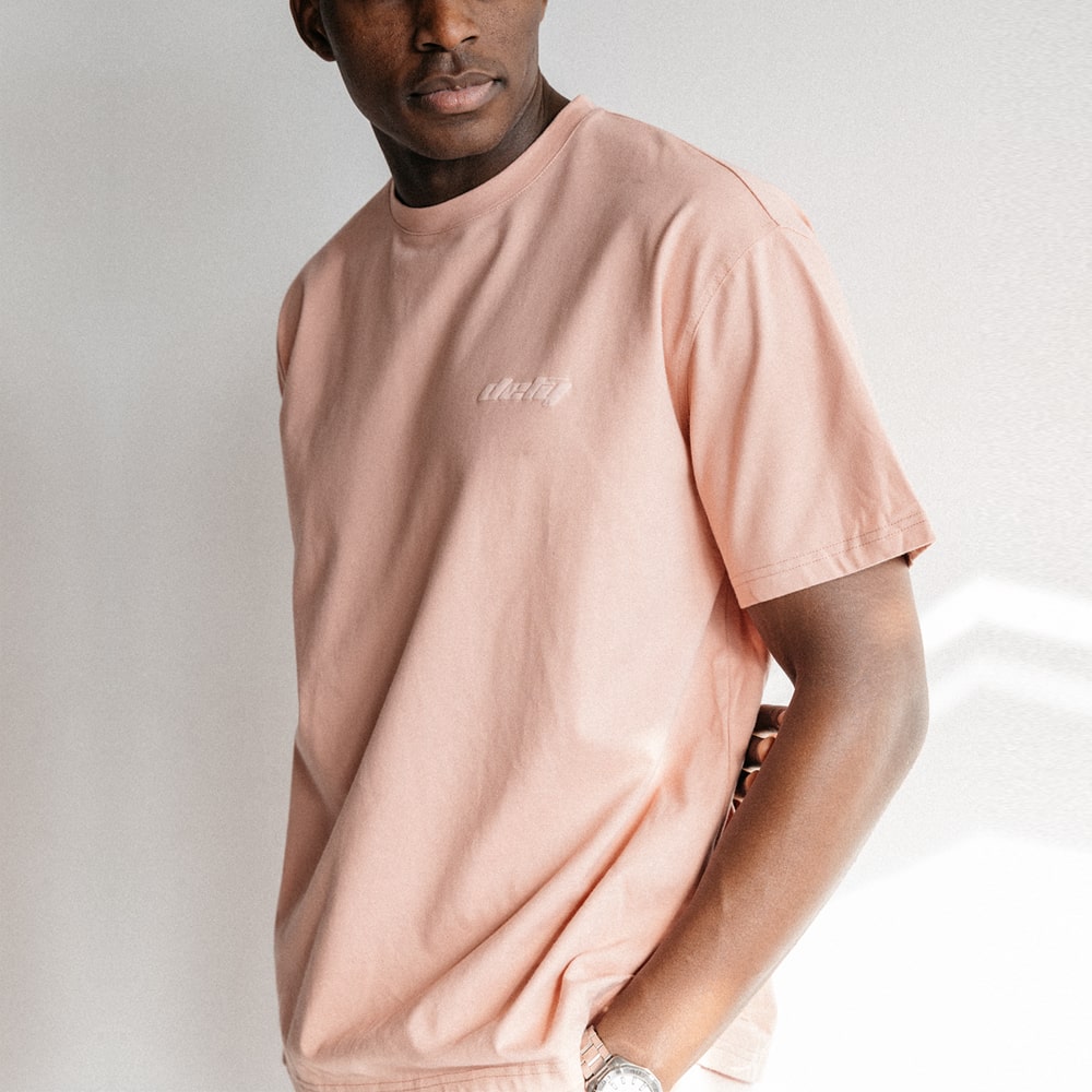 Pink::Pink tee shirt with defy logo on chest